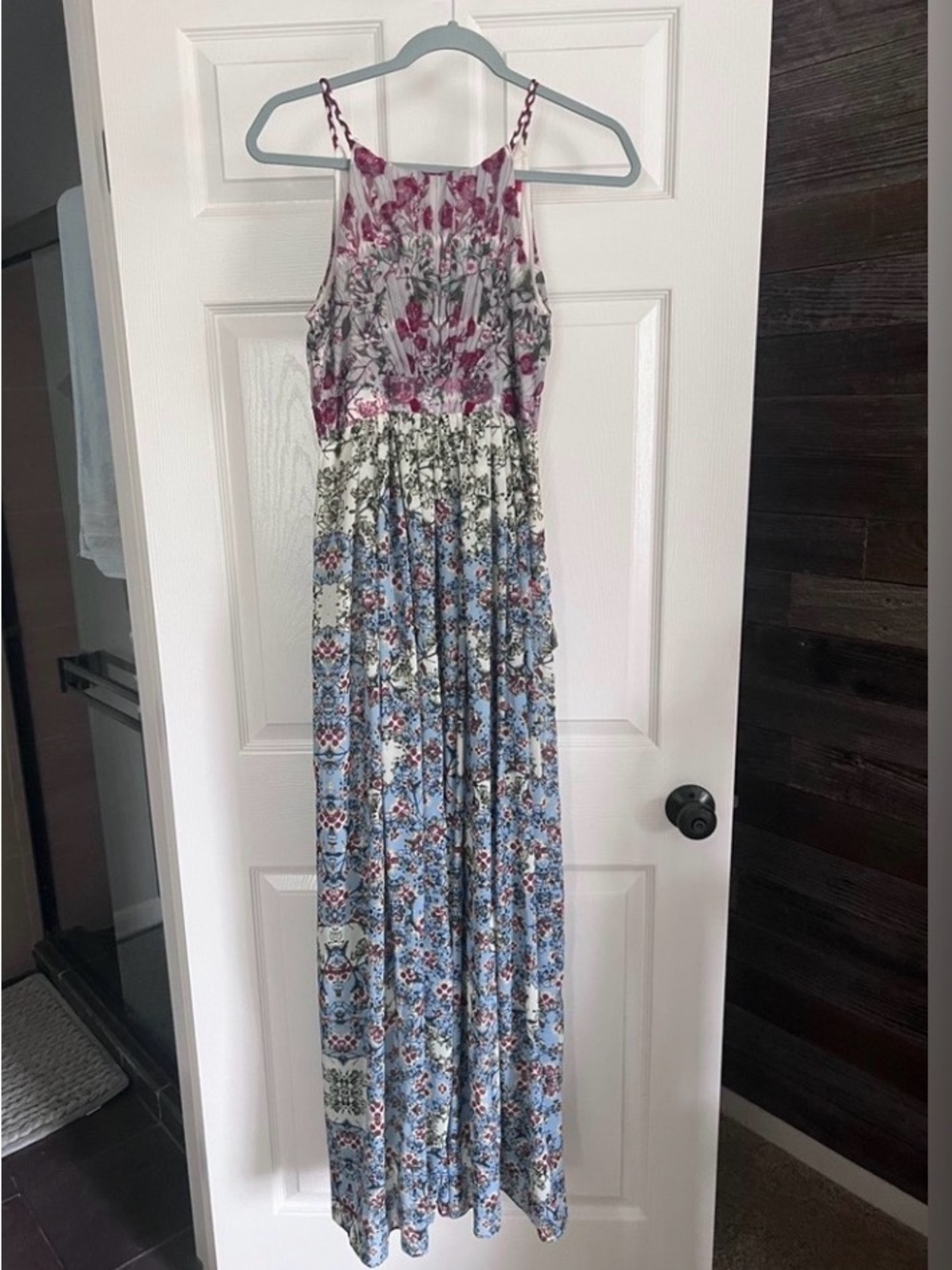 Anthropologie Floral Halter Maxi Dress in Blue, Red, Green - Picture 4 of 6